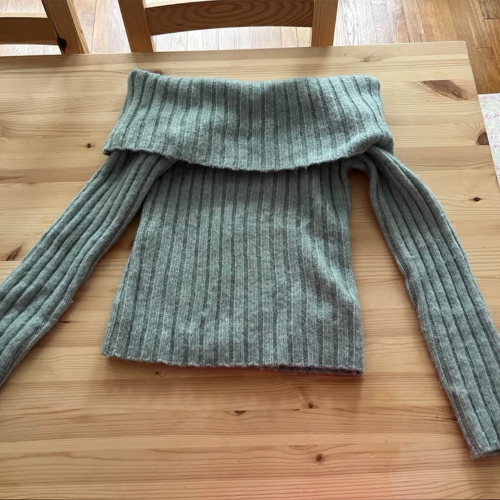 Blue Ribbed Off-Shoulder Sweater and purple top